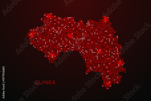 Guinea Map - Digital dotted map with glowing red points on dark background, modern technology style, abstract data network design, clean minimal vector illustration.
