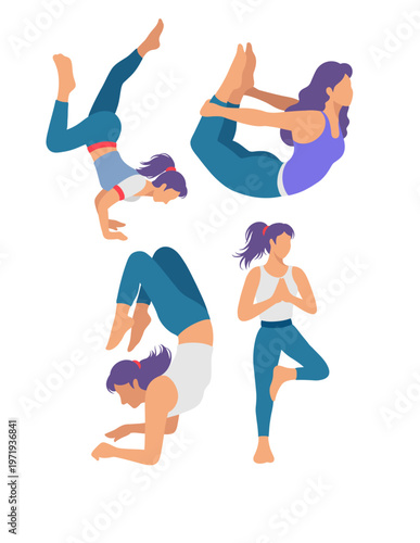 Yoga exercise female pose sport training flat design illustration