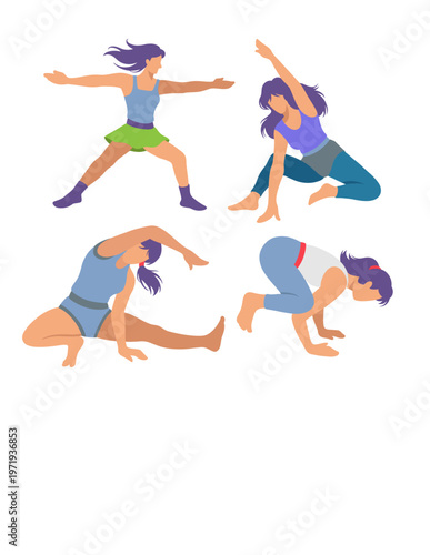 Yoga exercise female extreme pose sport training flat design illustration