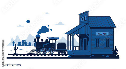 Wild West Train Station with Steam Engine in Desert Landscape