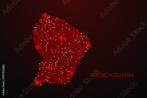 French Guiana Map - Digital dotted map with glowing red points on dark background, modern technology style, abstract data network design, clean minimal vector illustration.