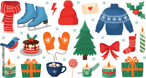 Christmas and Winter Holiday Vector Set with Snowflakes, Sweaters, Candles, Gifts, Ice Skates, and Festive Decorations