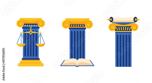 Ancient Greek Columns Representing Justice, Knowledge, and Law