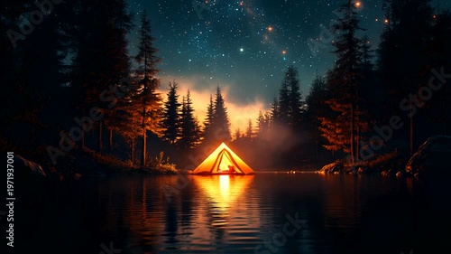 Serene Camping Scene Under Starry Sky by Tranquil Lake