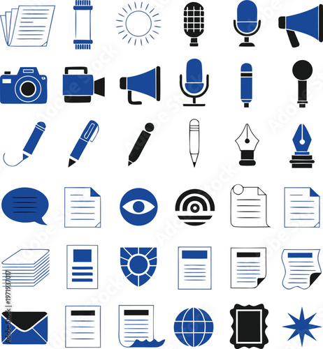 Media and journalism flat vector icon pack for editorial design projects