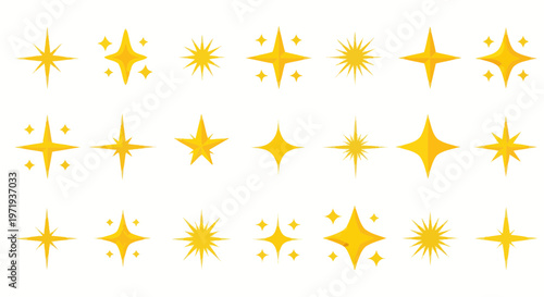 Collection of Golden Sparkle Stars and Light Effects on White Background