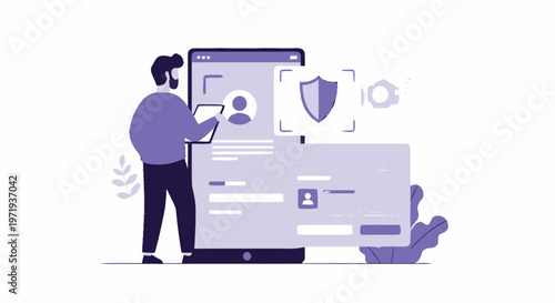 Man using tablet to access secure online account with shield icon.