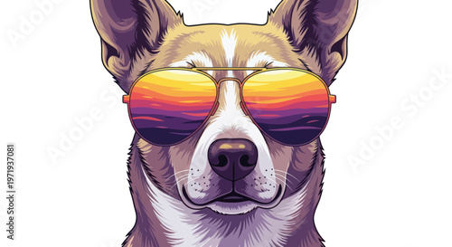 Cool Dog Wearing Sunglasses with Sunset Reflection