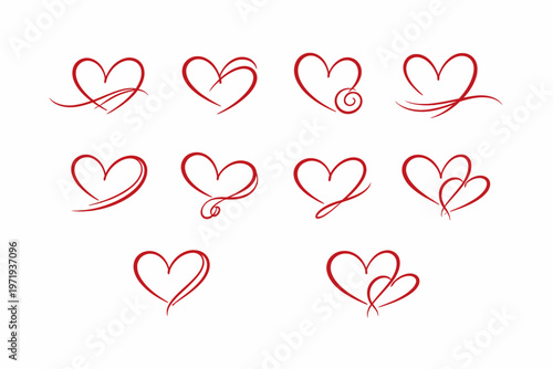 Collection of hand drawn heart sketches in pink and green tones