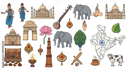 India Travel Icons: Taj Mahal, Elephants, Dancers, Landmarks, Culture