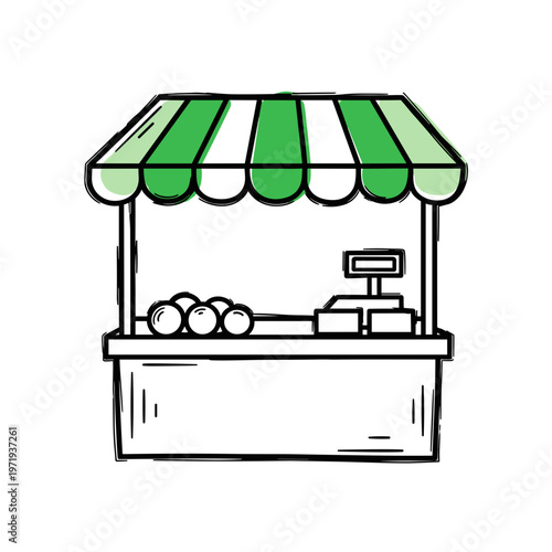 Illustration of a fruit stall with green striped canopy and fruits  