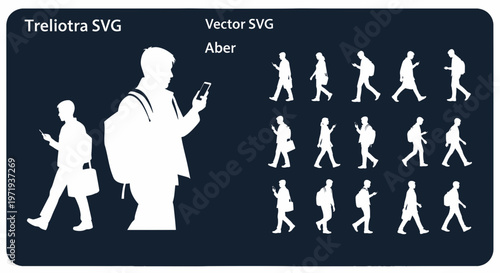 Man Walking with Backpack and Phone, Silhouette Collection