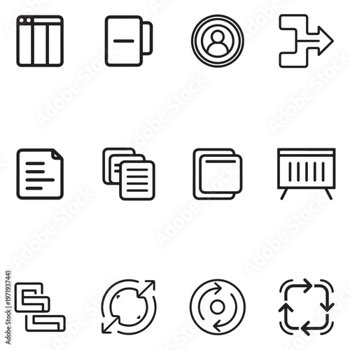 Minimal icons for Agile Scrum sprint planning and task management. Simple symbols for daily standups, task status, and workflow tracking.