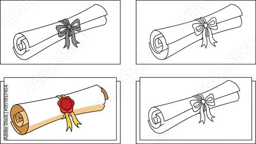 Certificate Scroll and Ribbon Vector Set with Wax Seal and Bow Designs for Graduation, Award, and Achievement Illustrations