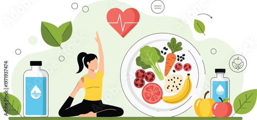 Healthy Lifestyle: Embracing wellness, a woman practices yoga, complemented by a plate of nutritious food, pure water, and fresh fruits, representing health and vitality.
