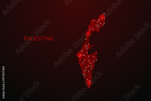 Palestine Map - Digital dotted map with glowing red points on dark background, modern technology style, abstract data network design, clean minimal vector illustration.