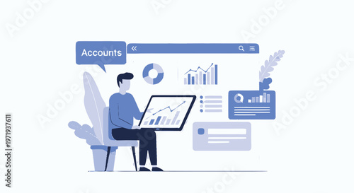 Man working on laptop, analyzing financial data, business analytics concept.