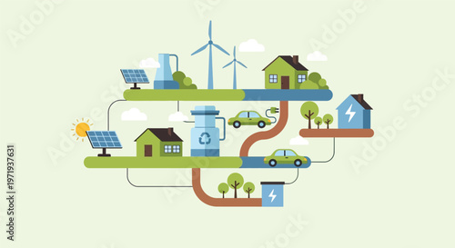 Sustainable Energy Ecosystem: A vibrant depiction of a sustainable energy ecosystem, illustrating a network of eco-friendly energy sources powering homes and transportation, promoting a cleaner.