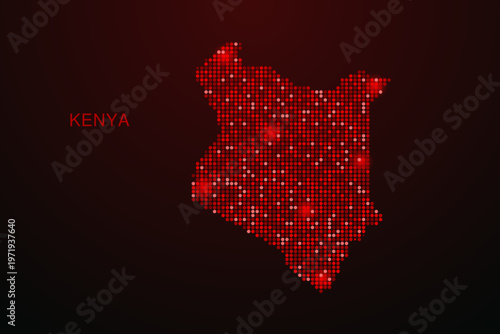 Kenya Map - Digital dotted map with glowing red points on dark background, modern technology style, abstract data network design, clean minimal vector illustration.
