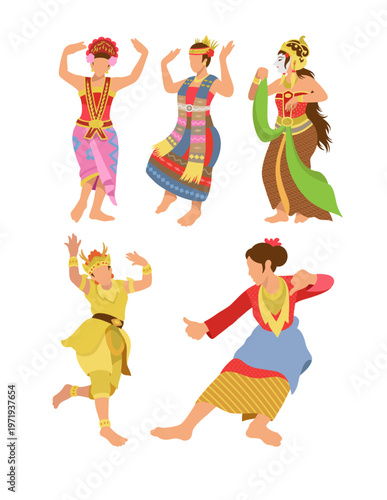 Tor tor,  Yapong, Topeng Sekartaji, Kidang Kencana and Zamin costume dancer Indonesian traditional dance performance Illustration