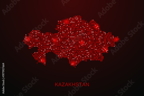 Kazakhstan Map - Digital dotted map with glowing red points on dark background, modern technology style, abstract data network design, clean minimal vector illustration.