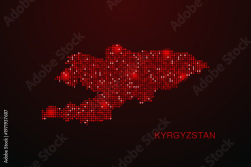 Kyrgyzstan Map - Digital dotted map with glowing red points on dark background, modern technology style, abstract data network design, clean minimal vector illustration.