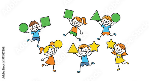 Children joyfully celebrating with colorful geometric shapes and cheerleading pom-poms