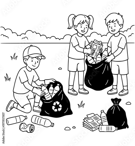 Children Volunteers Cleaning Up Plastic Waste and Recycling Paper Coloring Page, Kids Environmental Protection Activity Line Art, School Eco Project Illustration