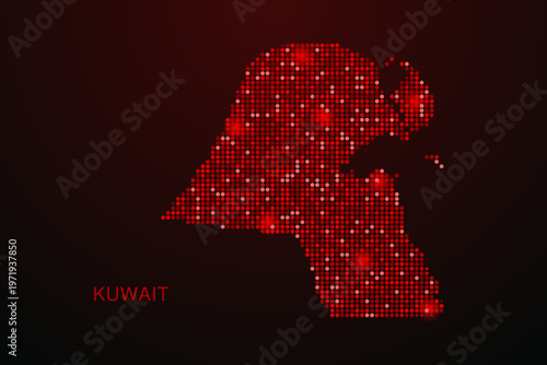 Kuwait Map - Digital dotted map with glowing red points on dark background, modern technology style, abstract data network design, clean minimal vector illustration.