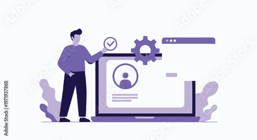 Man Interacting with Profile Settings on Laptop Screen Illustration.
