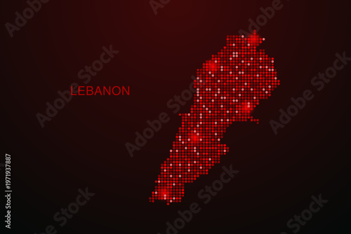 Lebanon Map - Digital dotted map with glowing red points on dark background, modern technology style, abstract data network design, clean minimal vector illustration.