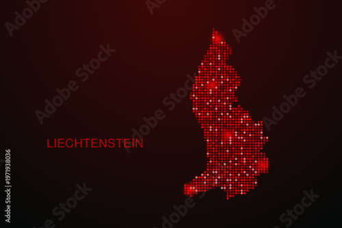 Liechtenstein Map - Digital dotted map with glowing red points on dark background, modern technology style, abstract data network design, clean minimal vector illustration.
