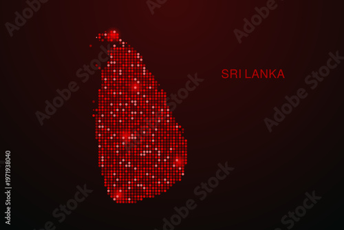 Sri Lanka Map - Digital dotted map with glowing red points on dark background, modern technology style, abstract data network design, clean minimal vector illustration.