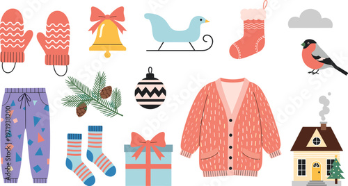 Christmas Holiday Vector Set with Warm Winter Clothes, Gifts, Decor, Snow, and Festive Elements for Seasonal Designs