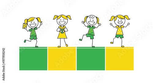Four cheerful children demonstrating different levels of enthusiasm on colorful blocks