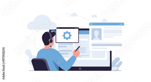 Man with Headset Interacting with Digital Interface for Settings.