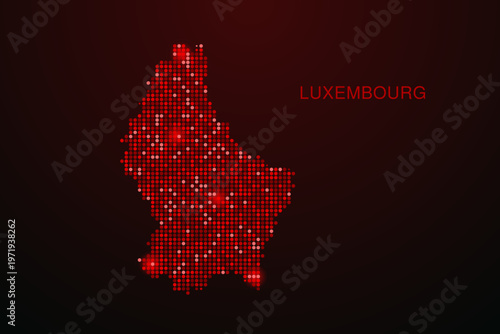 Luxembourg Map - Digital dotted map with glowing red points on dark background, modern technology style, abstract data network design, clean minimal vector illustration.
