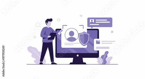 Illustration of a man working on a computer security system.