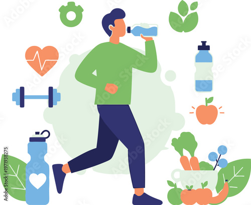 Healthy Lifestyle: A person is running while drinking water, surrounded by vibrant icons representing a healthy lifestyle and wellbeing