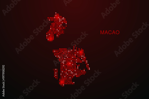 Macao Map - Digital dotted map with glowing red points on dark background, modern technology style, abstract data network design, clean minimal vector illustration.