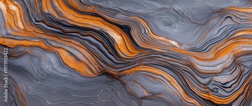 Abstract marble texture featuring flowing orange, grey, and black lines creating a dynamic, organic pattern for backgrounds