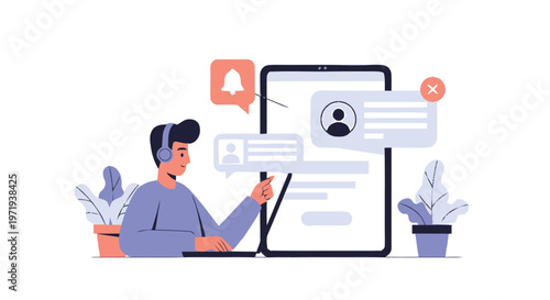 Man with Headset Using Tablet for Social Media Notifications.