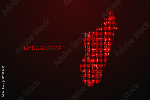 Madagascar Map - Digital dotted map with glowing red points on dark background, modern technology style, abstract data network design, clean minimal vector illustration.