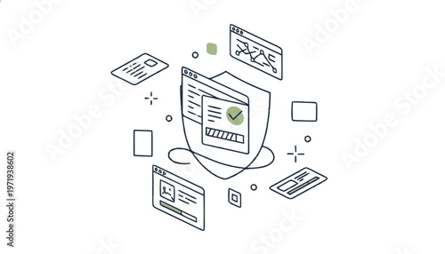 Isometric Illustration of Secure Computer System with Shield and Windows.