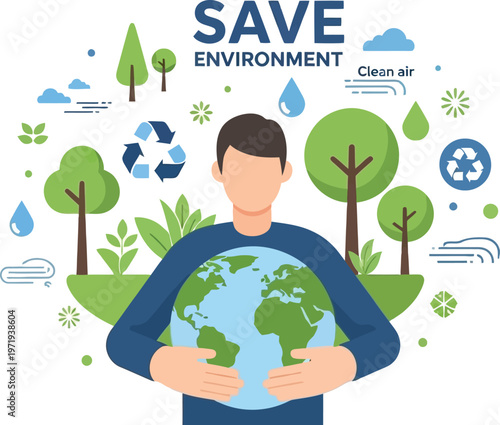 Eco-Conscious Embrace: A person tenderly cradles the Earth, enveloped by icons of renewal and environmental care, emphasizing the urgent call to conserve our planet.