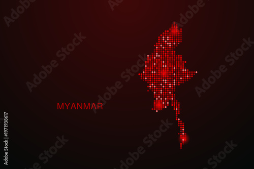 Myanmar Map - Digital dotted map with glowing red points on dark background, modern technology style, abstract data network design, clean minimal vector illustration.