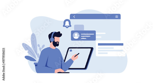 Man with Headset Working on Tablet and Computer Interface.