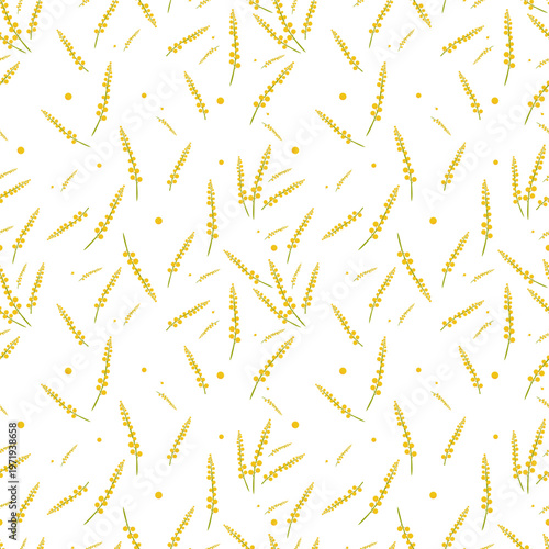 Seamless pattern with yellow mimosa branches on transparent background. Spring floral botanical repeat print for textile and gift wrapping