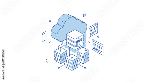 Isometric Cloud Computing Concept Depicting Data Storage and Network Servers.
