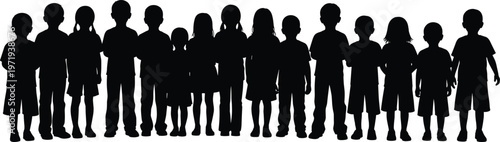 Large group of diverse children silhouettes standing in a row, little boys and girls community collection, kids vector illustration isolated on white background.